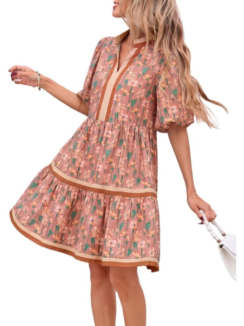 Women's Brown V Neck Puff Sleeve Floral Baby Doll Striped Imported Mini Dress